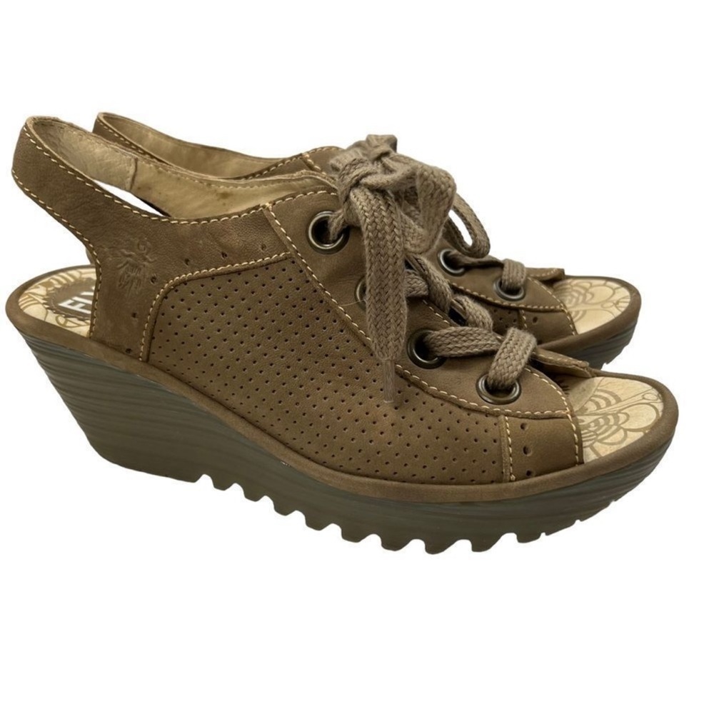 Fly London Yuta Peep Toe Wedge Sneakers Taupe Tan Size 38, 7-7.5 Women’s